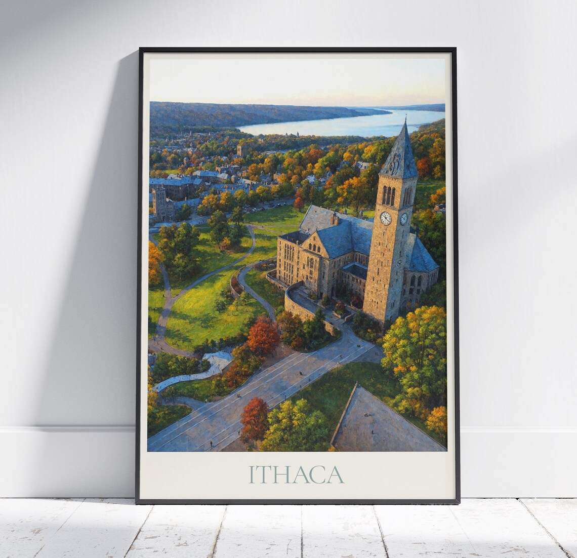 Ithaca New York Cornell Clock Tower Autumn Aerial Travel Poster