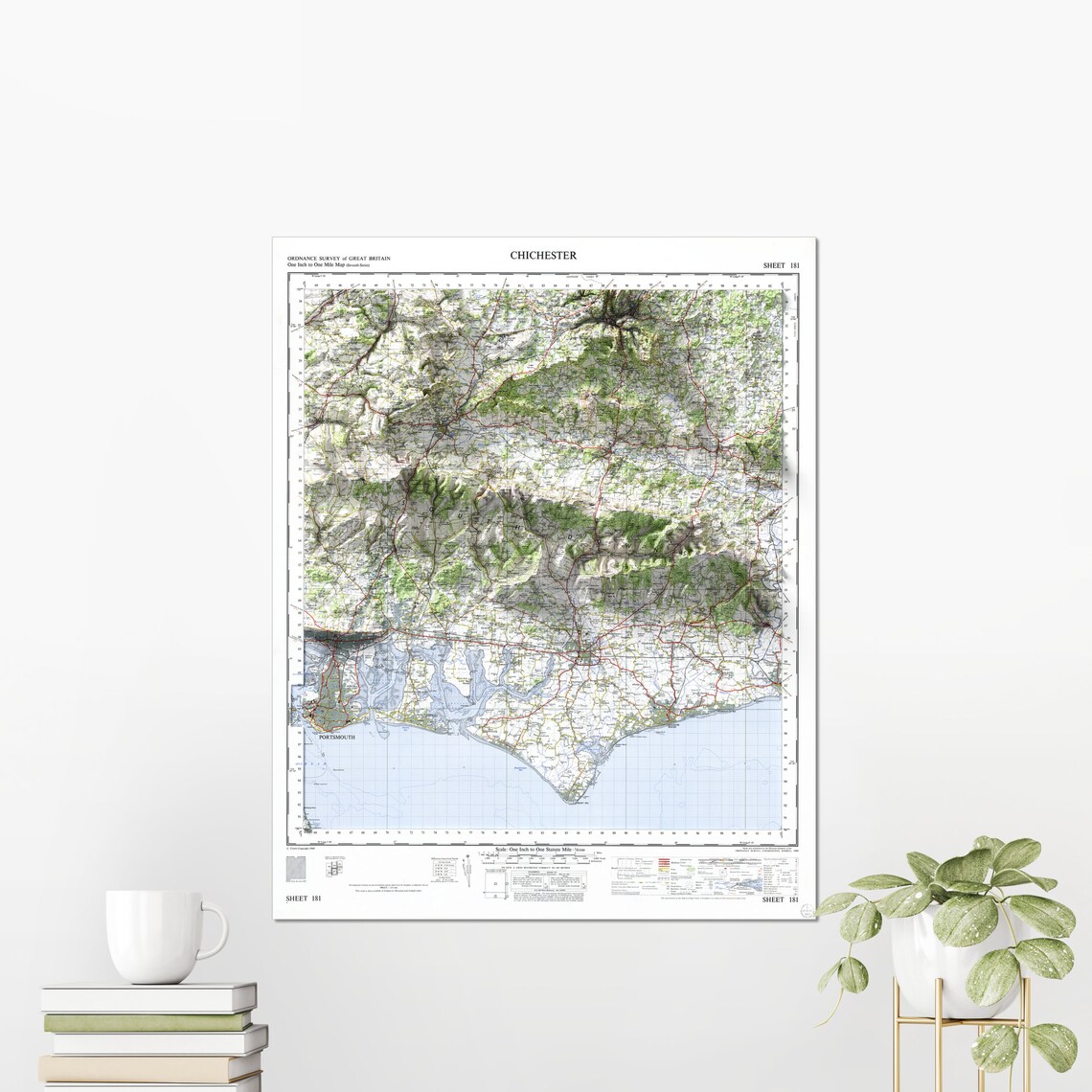 Chichester Vintage Shaded Relief Map Poster England South Coast Artwork