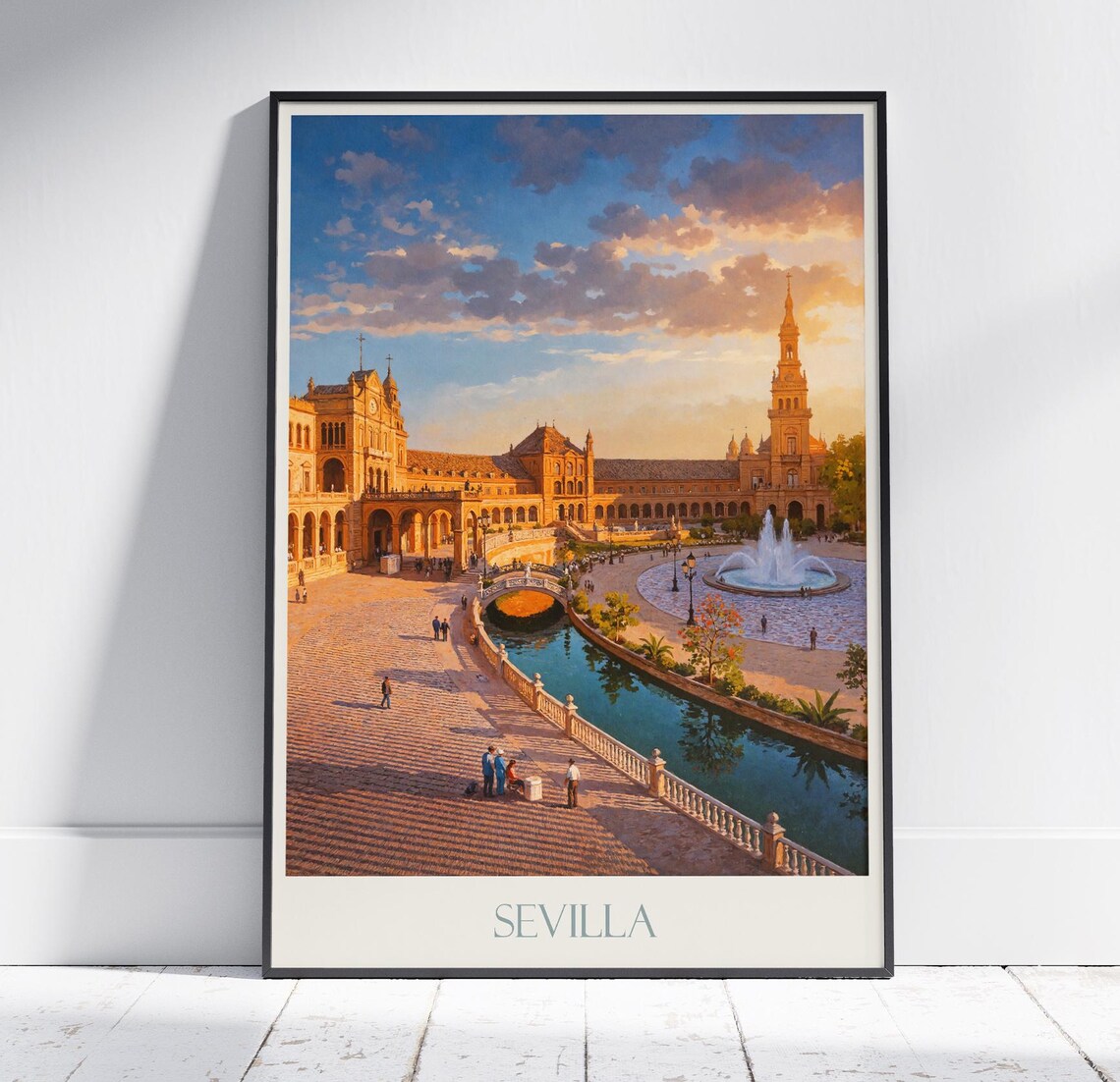 Sevilla Spain Plaza de Espana Golden Sunset Painted City Art Poster