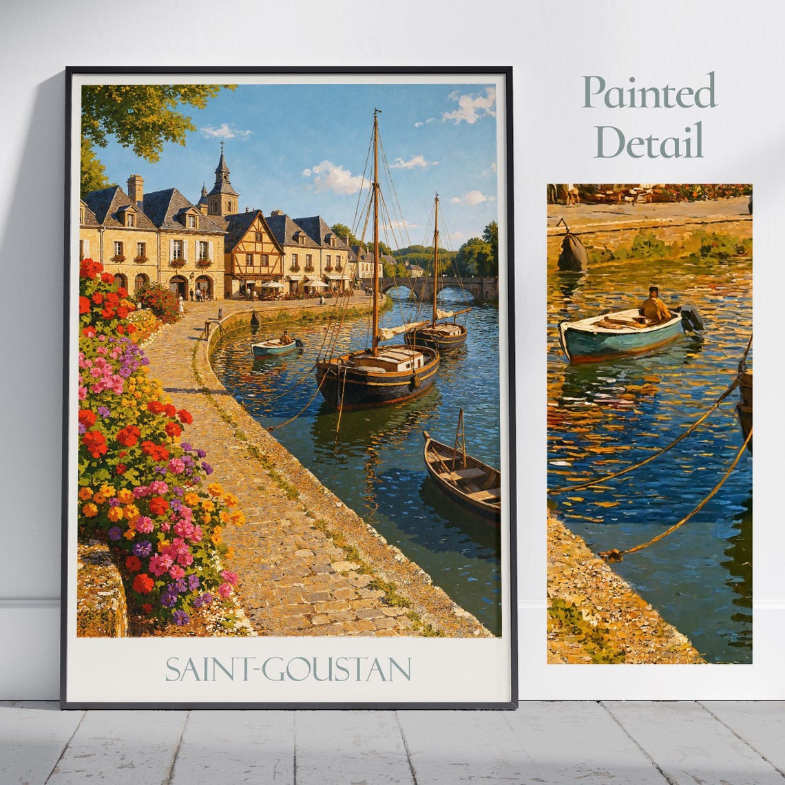 Saint Goustan Brittany Harbor Sailboats Flowers Painted Travel Poster