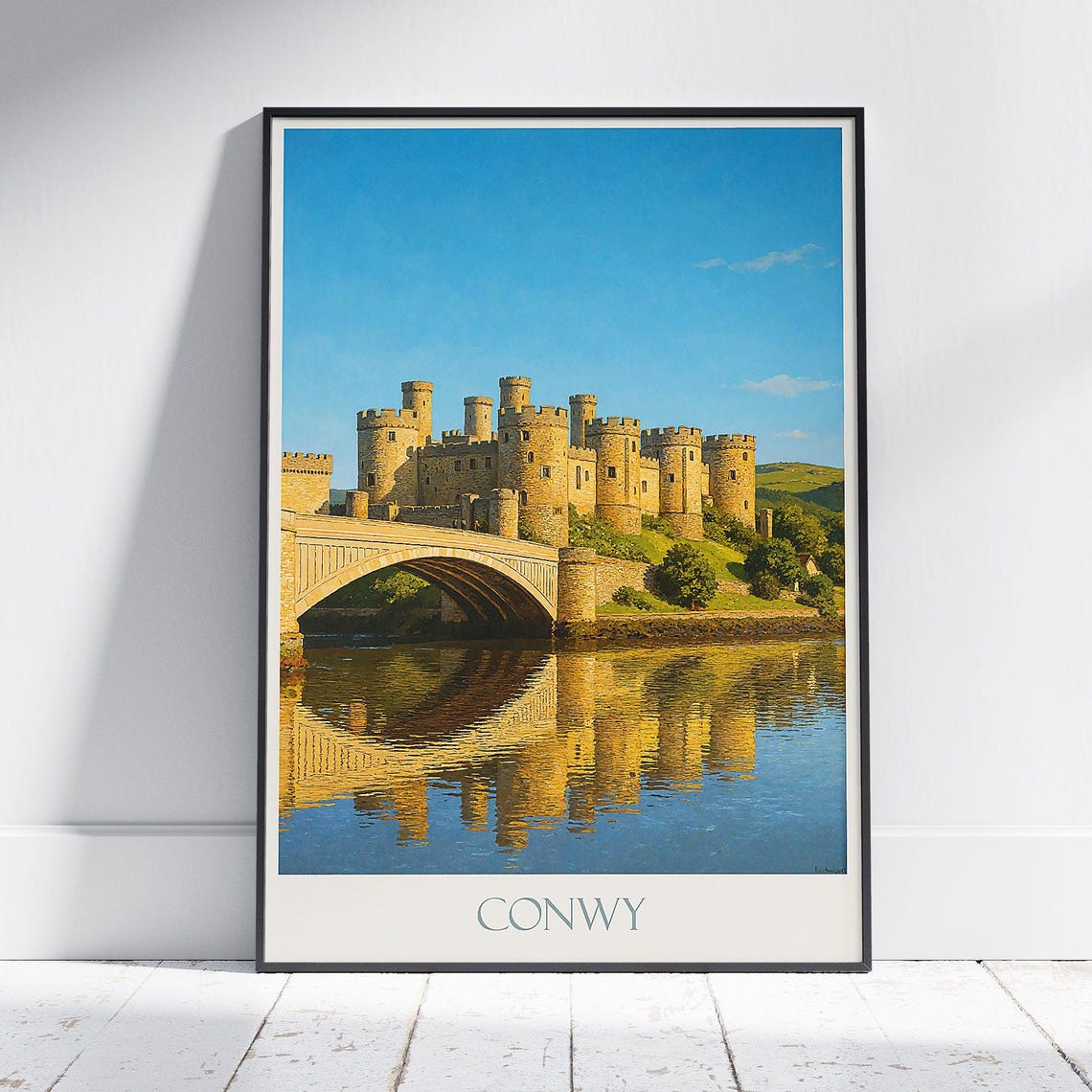 Conwy Castle Stone Bridge Golden Water Reflection Wales Travel Poster