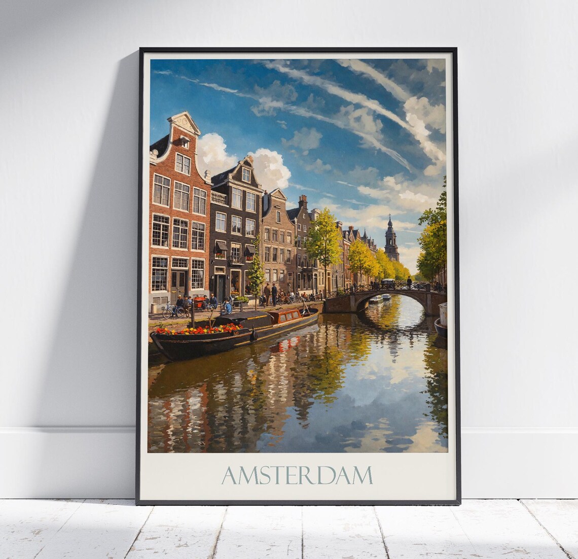 Amsterdam Canal Houses Flower Boat Bridge Painted Travel Poster
