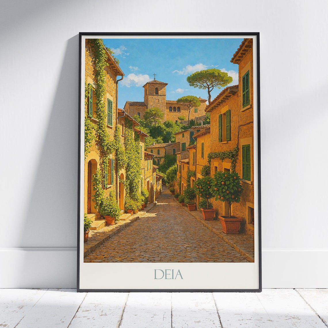 Deia Mallorca Cobblestone Street Rustic Spain Village Travel Poster