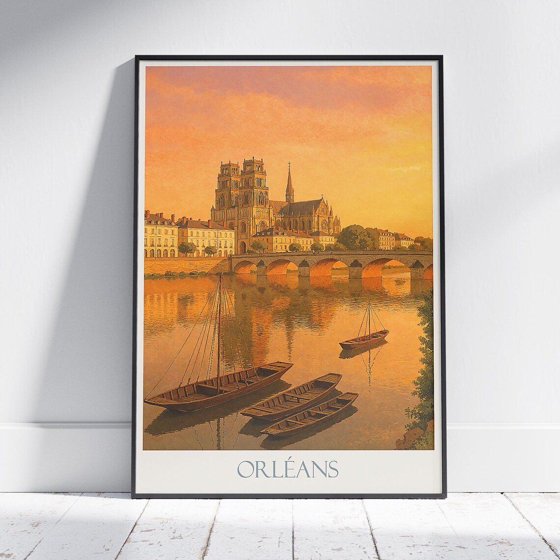 Orleans France Sunset Travel Poster with Cathedral and River Boats