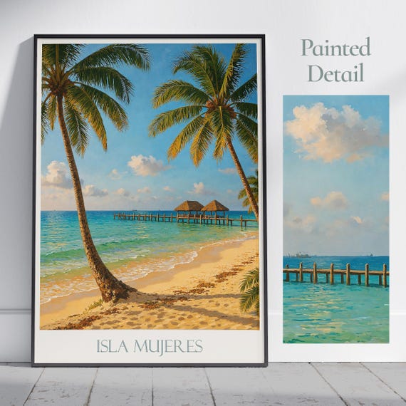 Isla Mujeres Travel Poster Mexico Beach Art Print Painted Wall Home Decor Framed Personalized Vacation Gift