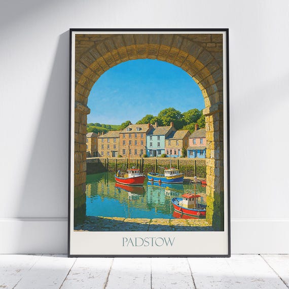 Padstow Harbour Travel Poster Cornwall Coastal Art Print Quaint Fishing Village Wall Decor Uk Vacation Souvenir