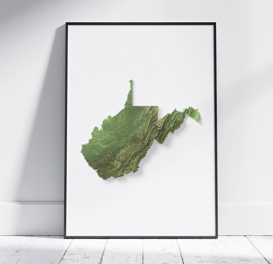 West Virginia Map 2d Aerial Topographic Print Shaded Us State Poster Wall Art Modern Decor