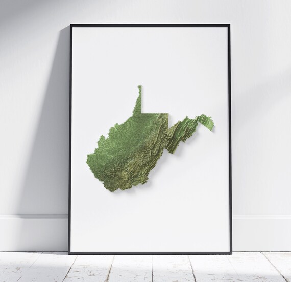West Virginia Map 2d Aerial Topographic Print Shaded Us State Poster Wall Art Modern Decor
