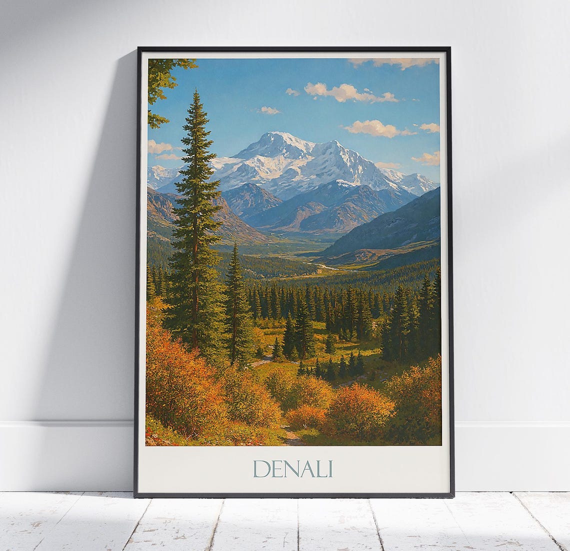 Denali Alaska Snowcapped Mountain Pine Forest Autumn Travel Poster