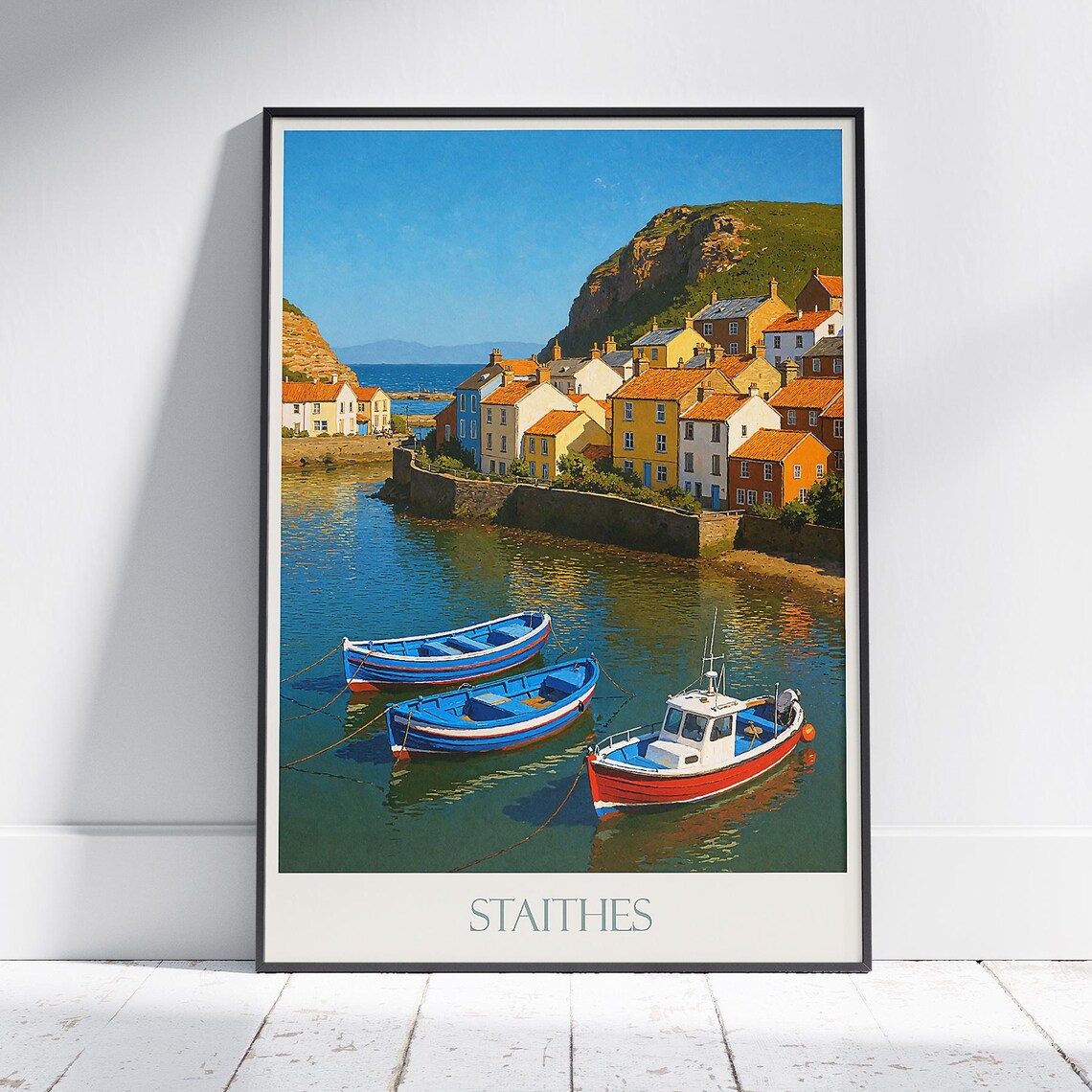 Staithes Yorkshire Fishing Harbor Colorful Boats Coastal Poster