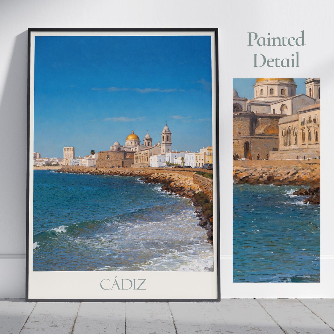 Cadiz Spain Seaside Cathedral Golden Dome Waves Painted Travel Poster
