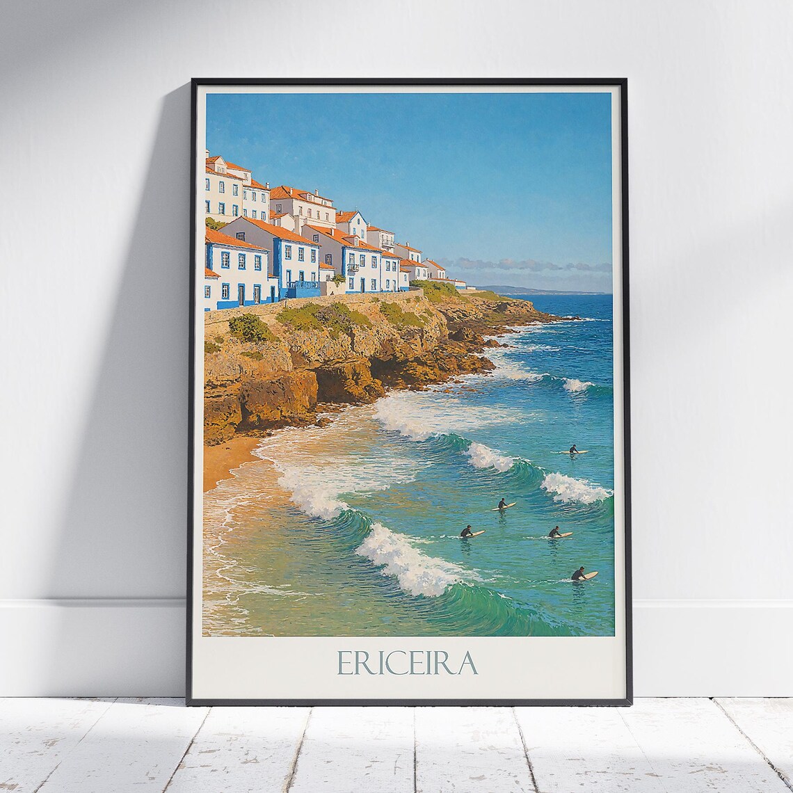 Ericeira Portugal Vintage Surf Beach Blue Houses Travel Poster
