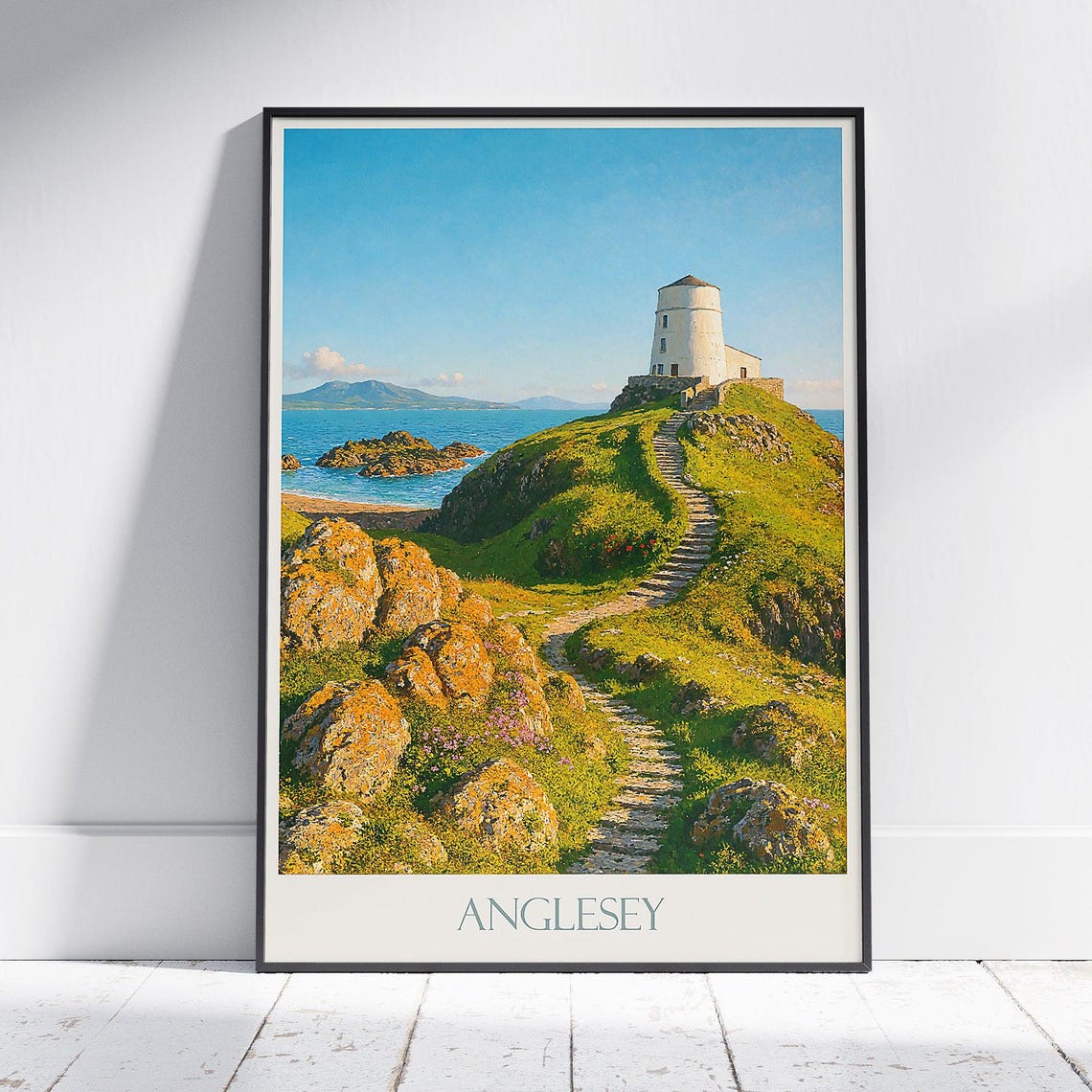 Anglesey Twr Mawr Lighthouse Rocky Coast Wales Travel Poster