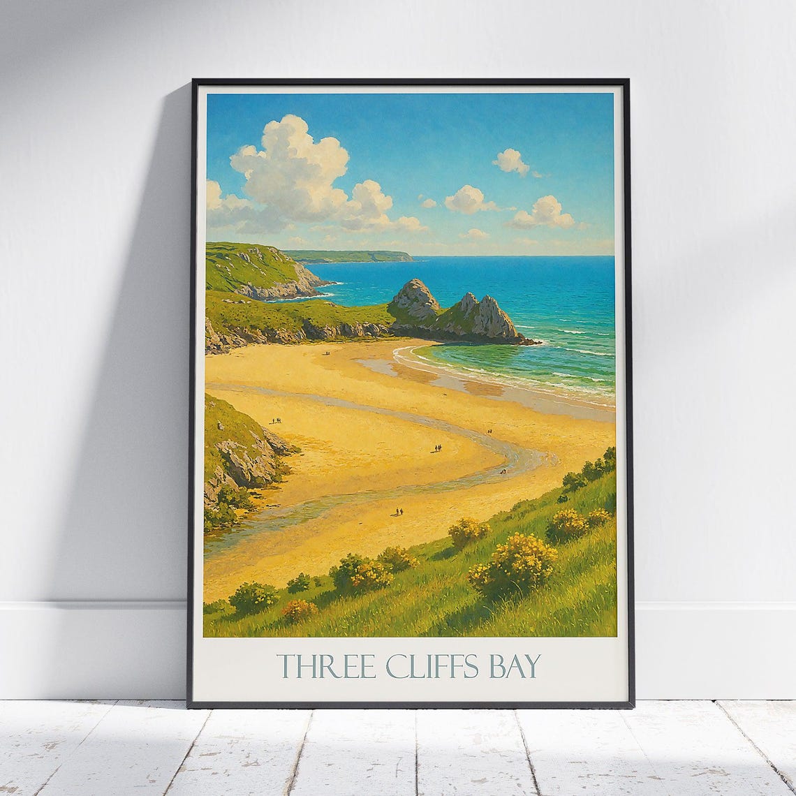 Three Cliffs Bay Wales Golden Beach Rocky Cliffs Travel Poster