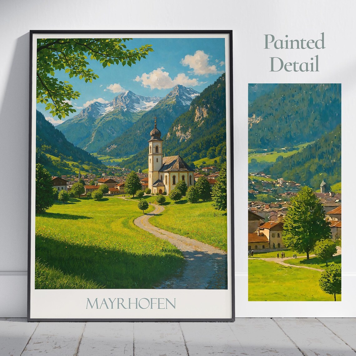 Mayrhofen Austria Alpine Valley Painted Travel Poster Church Art