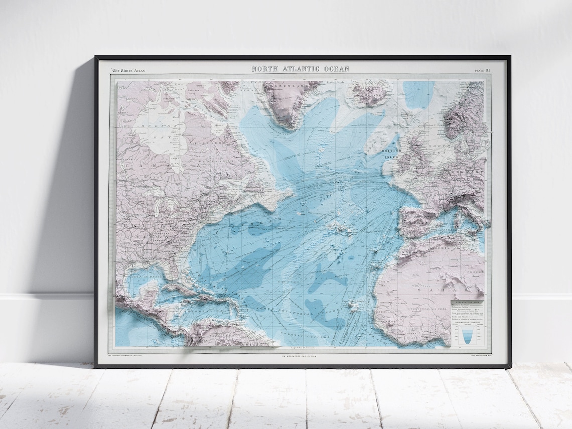 North Atlantic Ocean Vintage Times Atlas Style Travel Map Poster