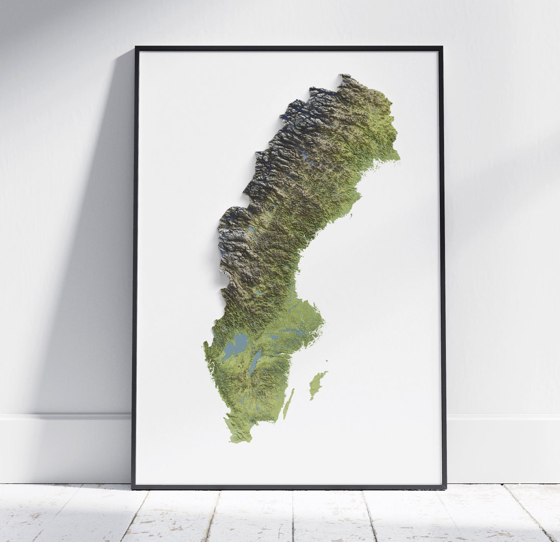 Nordic Sweden Country Green Shaded Relief Topographic Map Art Print