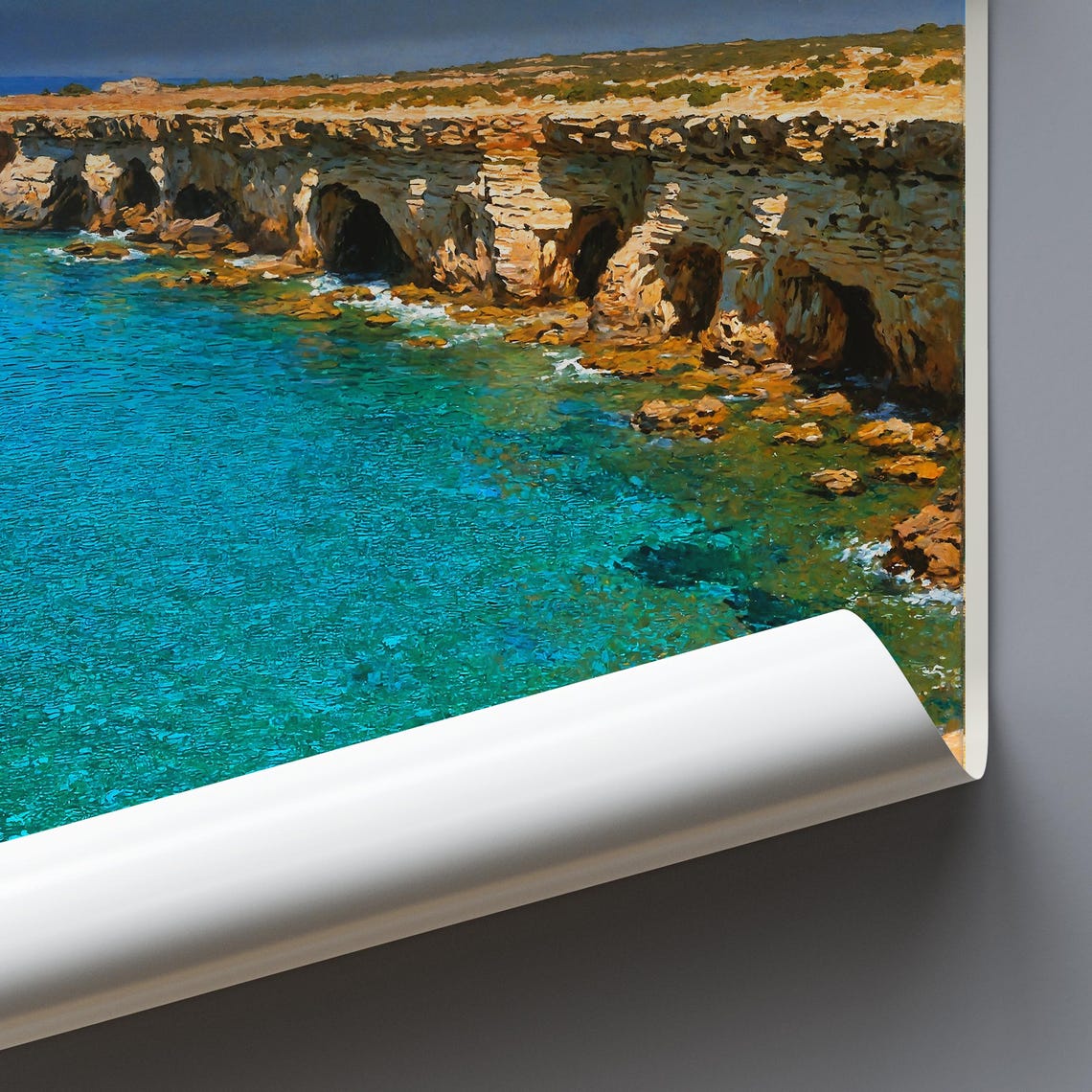 Cyprus Sea Caves Turquoise Coast Rocky Cliffs Painted Travel Poster - Image 3