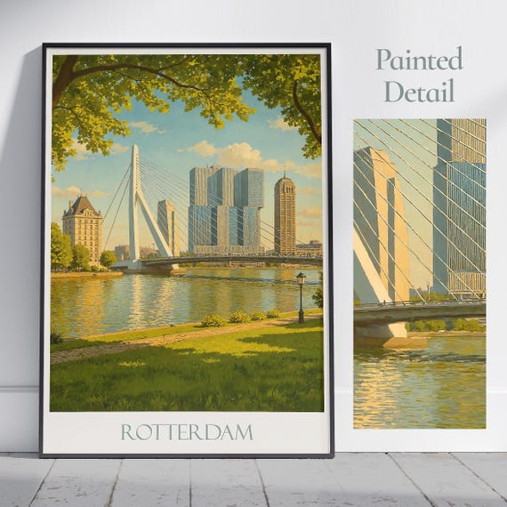 Rotterdam Travel Poster, Erasmus Bridge Cityscape