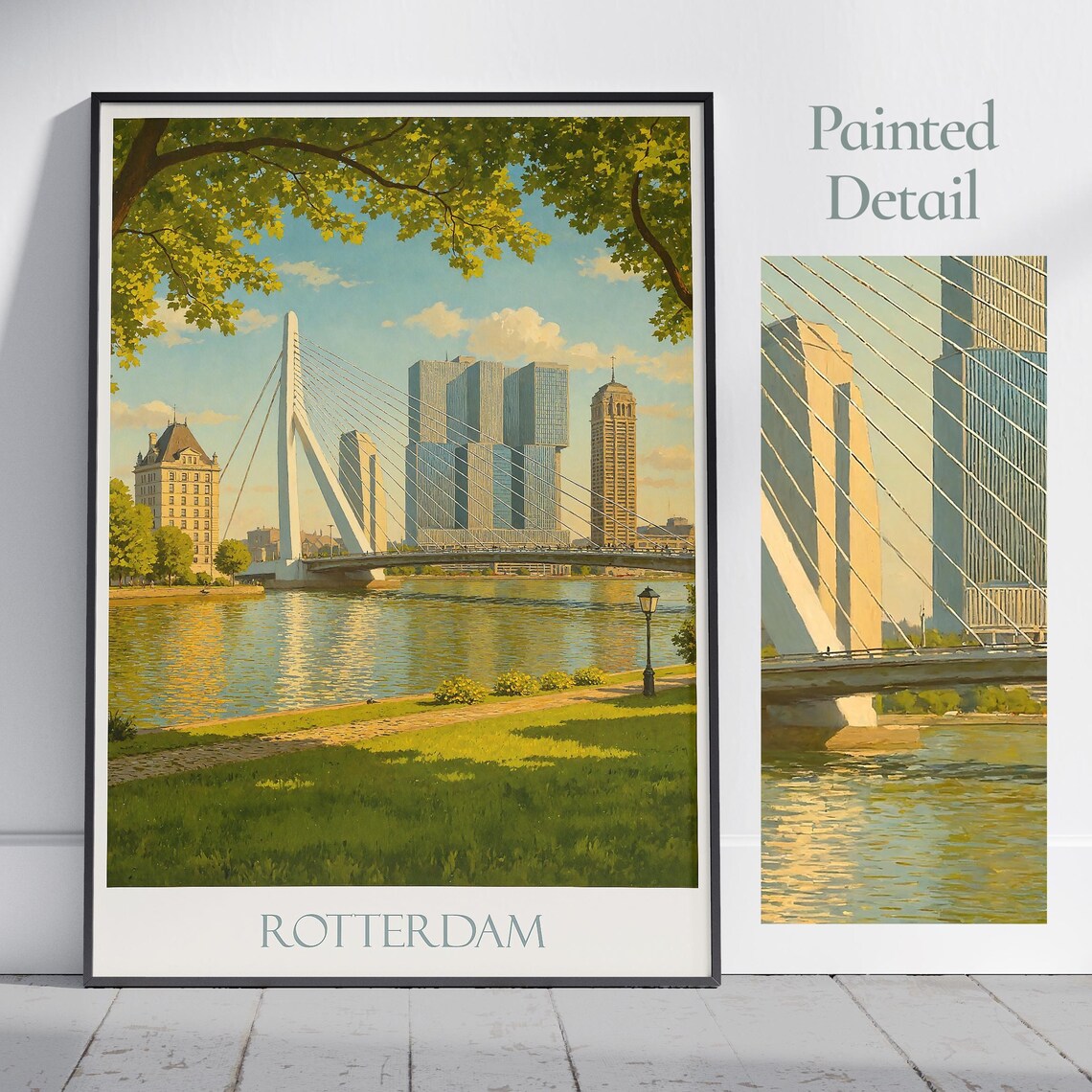 Rotterdam Travel Poster, Erasmus Bridge Cityscape