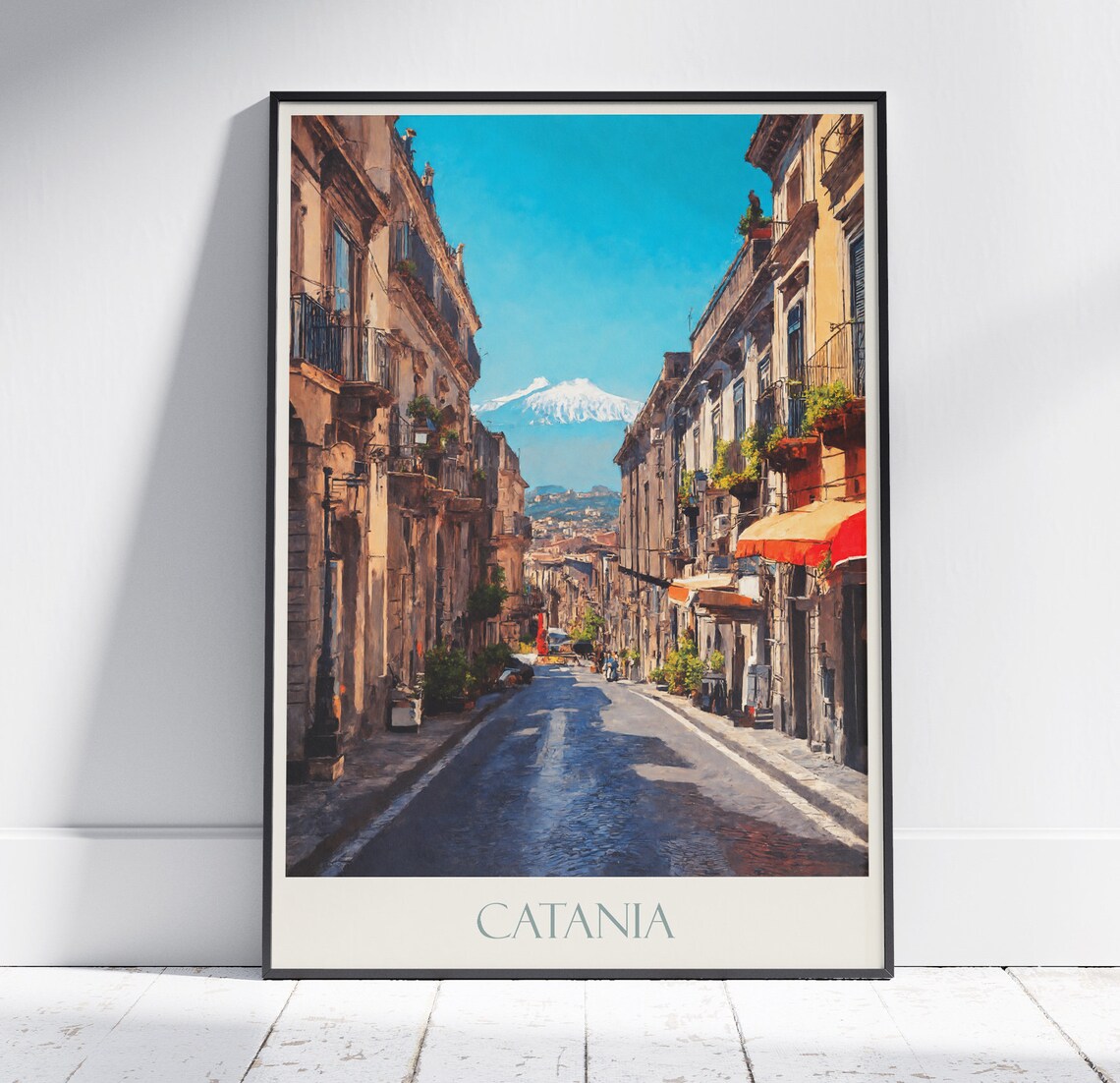 Catania Sicily Mount Etna Street Painted Italian Travel Poster
