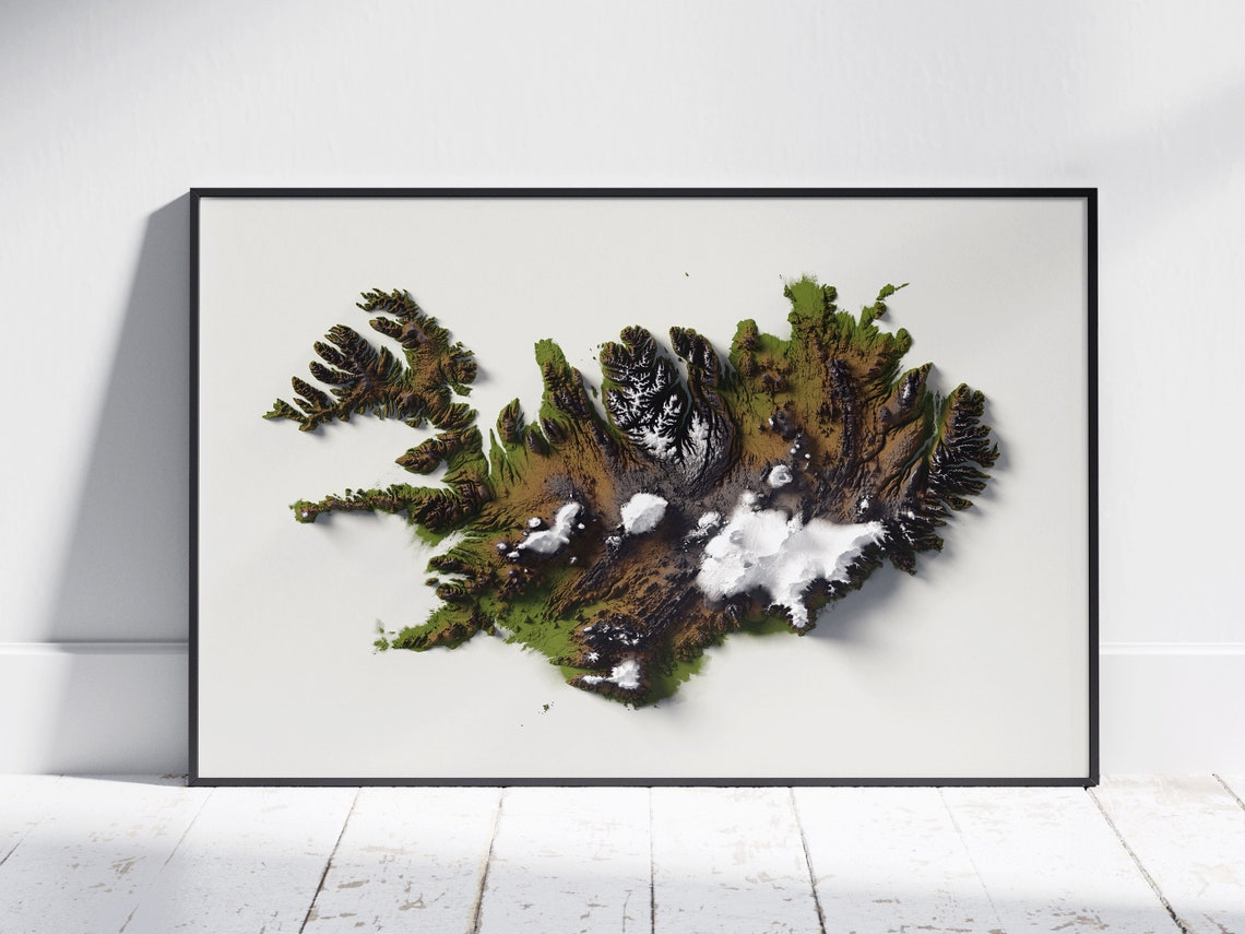 Iceland 3D Terrain Shaded Relief Topographic Country Map Poster