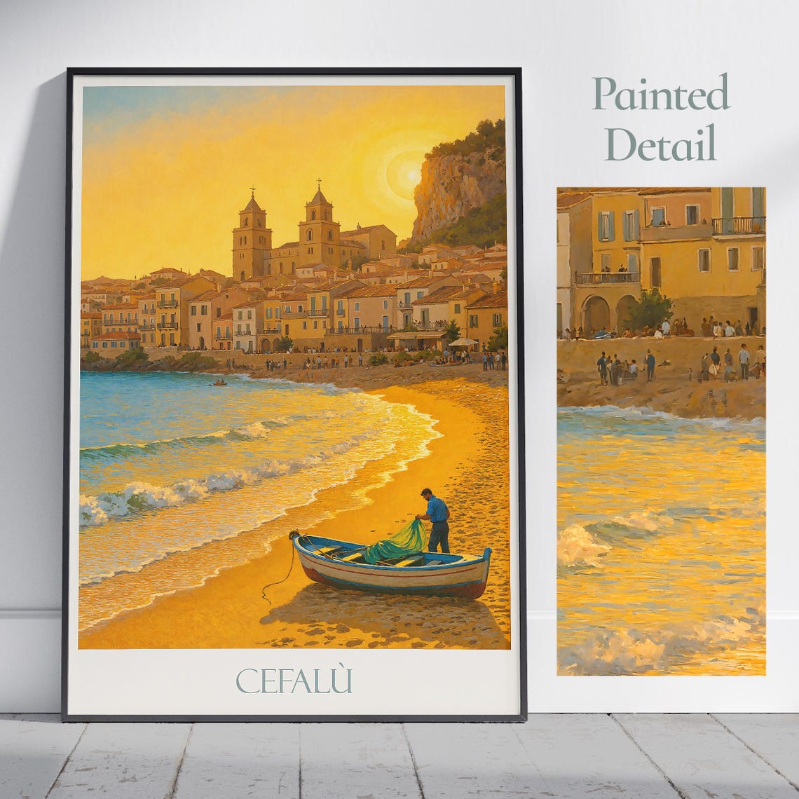 Cefalu Sicily Italy Golden Sunset Beach Painted Travel Poster
