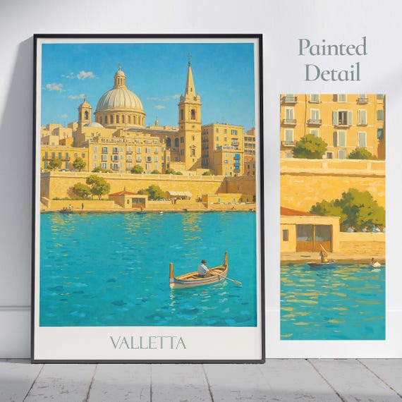 Valletta Travel Poster Malta Cityscape Print Mediterranean Wall Art Iconic Dome Dgajsa Boat Personalized Framed Gift