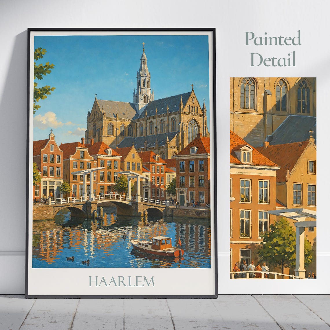 Haarlem Netherlands Grote Kerk Canal Bridge Painted Travel Poster