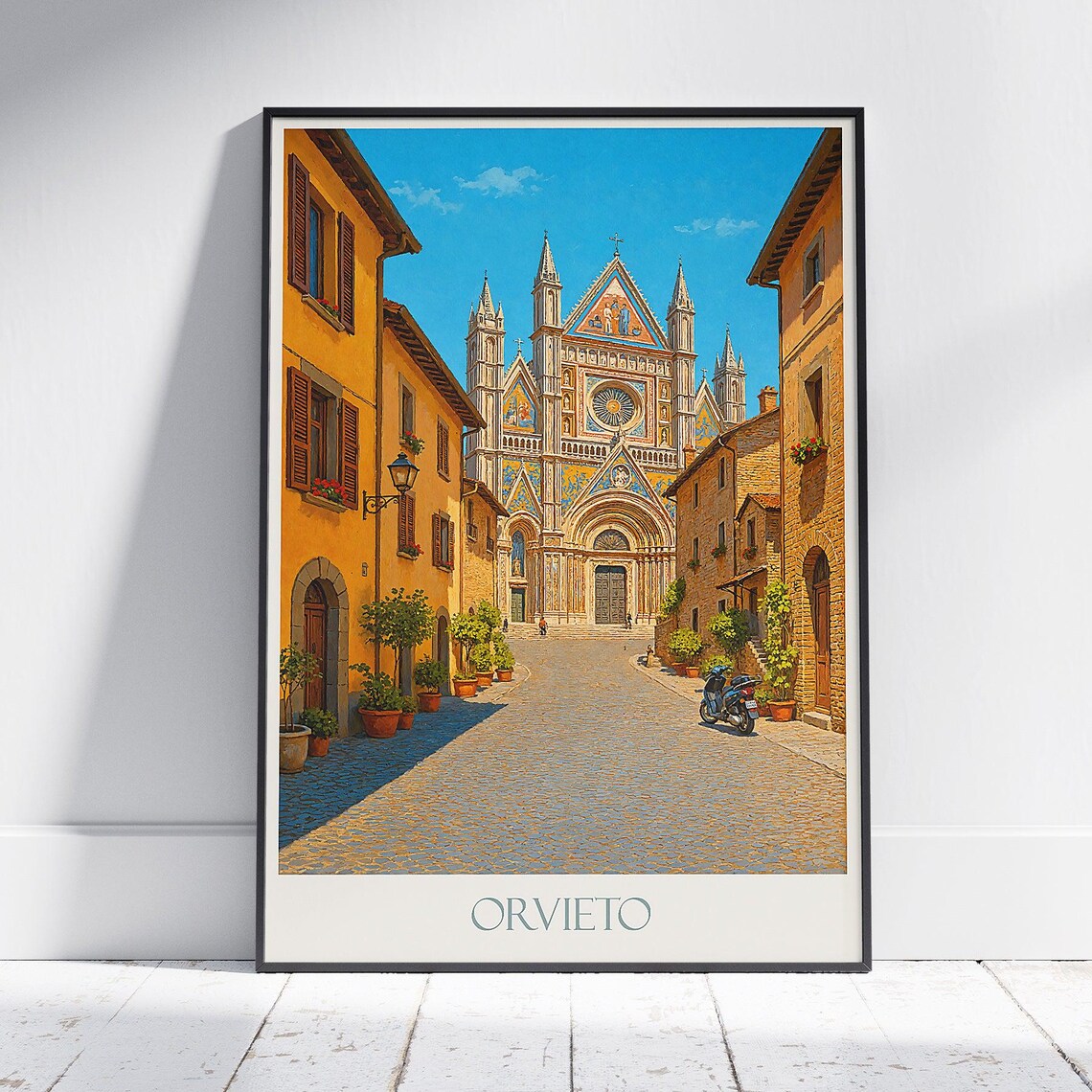 Orvieto Duomo Cathedral Cobblestone Street Scene Italian Travel Poster