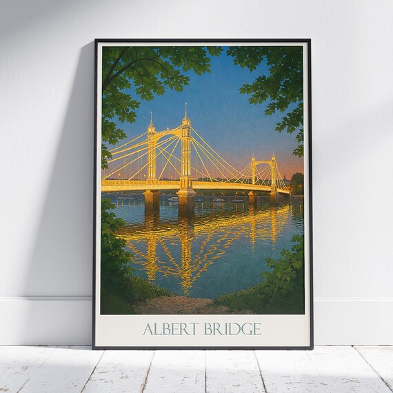Albert Bridge London Travel Poster Twilight Illuminated Thames River Lights