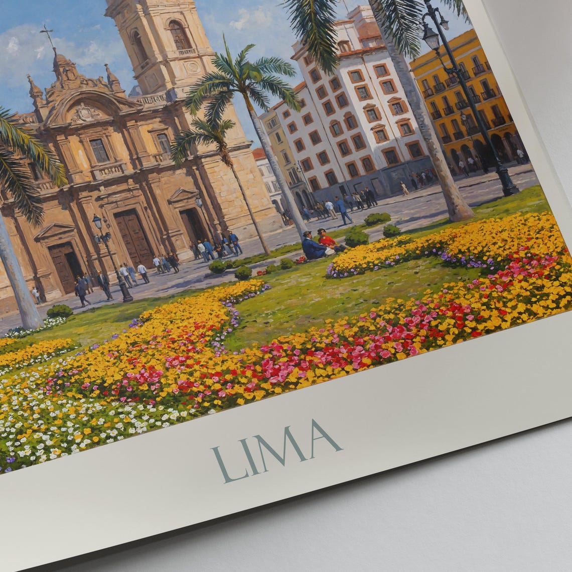 Lima Peru Cathedral Plaza Palms Flowerbeds Painted Travel Poster - Image 2