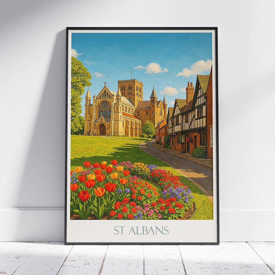 St Albans Cathedral Sunlit With Colorful Tulip Flower Beds Poster