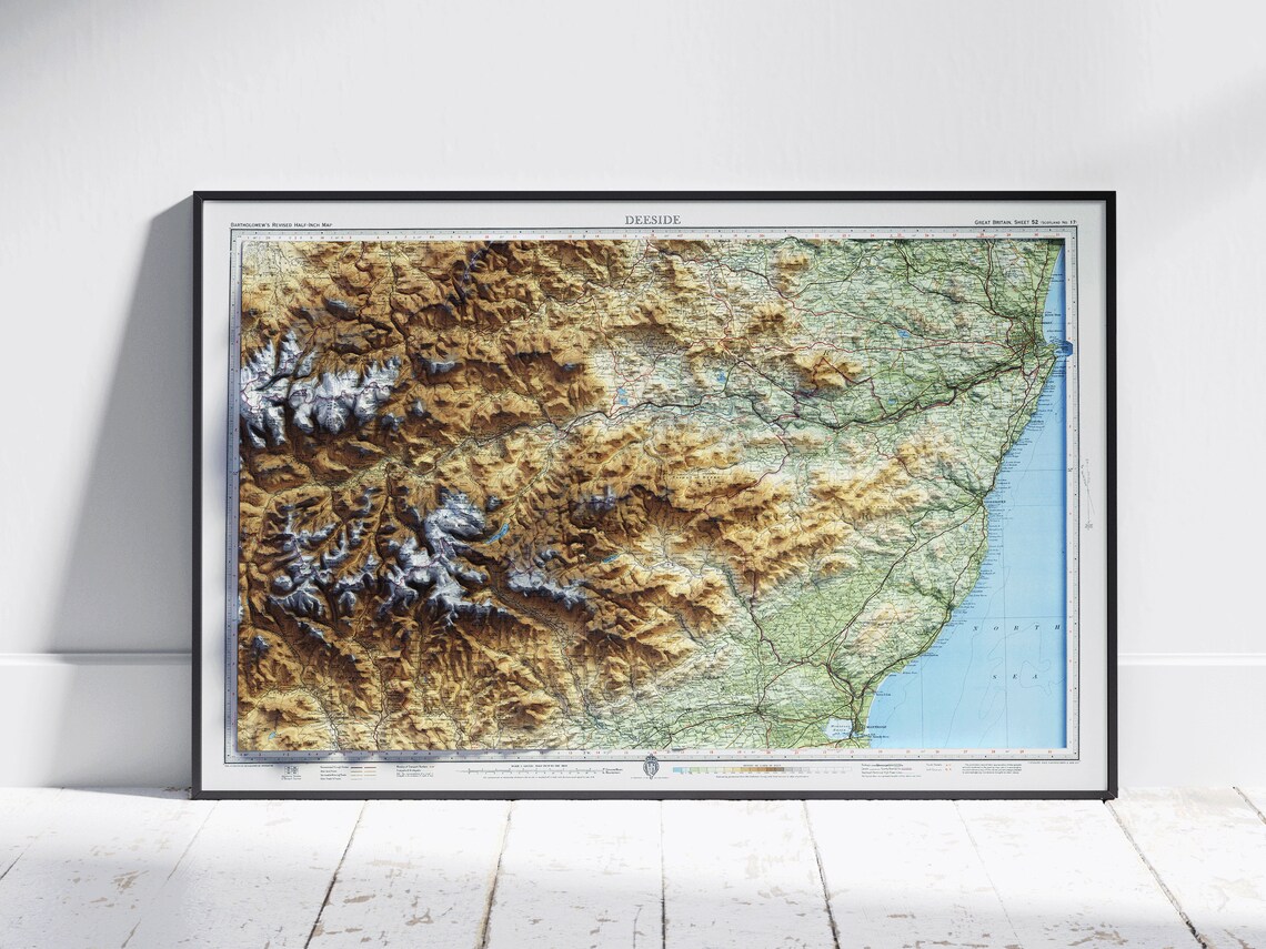 Deeside Scotland Vintage Style Flat 2d Shaded Map Print Poster Wall Art Decor
