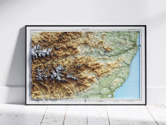 Deeside Scotland Vintage Style Flat 2d Shaded Map Print Poster Wall Art Decor