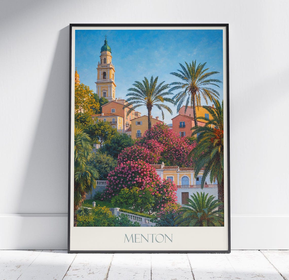 Menton France Old Town Bell Tower Palms Riviera Travel Poster