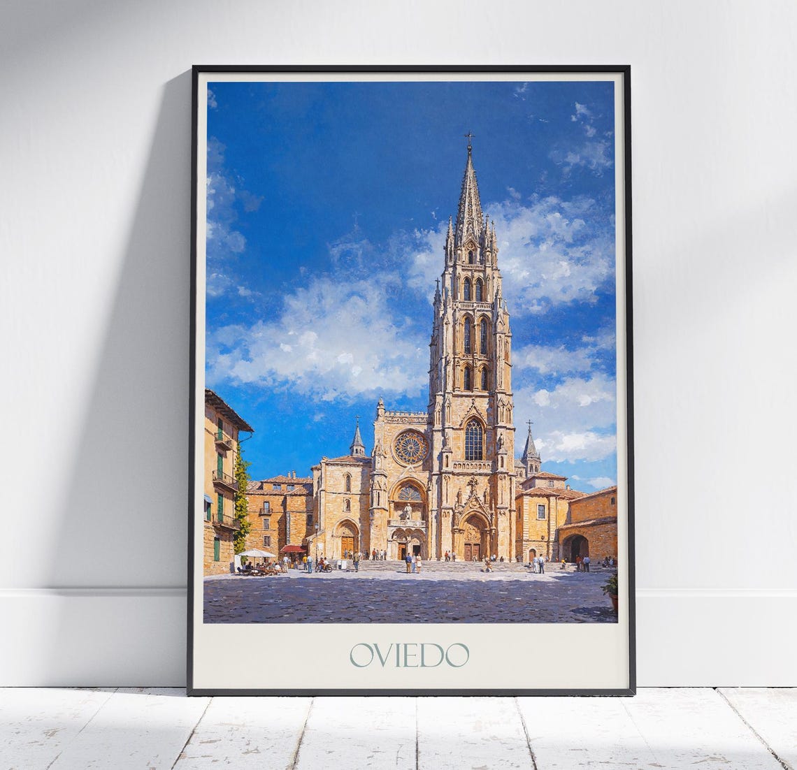 Oviedo Gothic Cathedral Sunlit Plaza Northern Spain Travel Poster