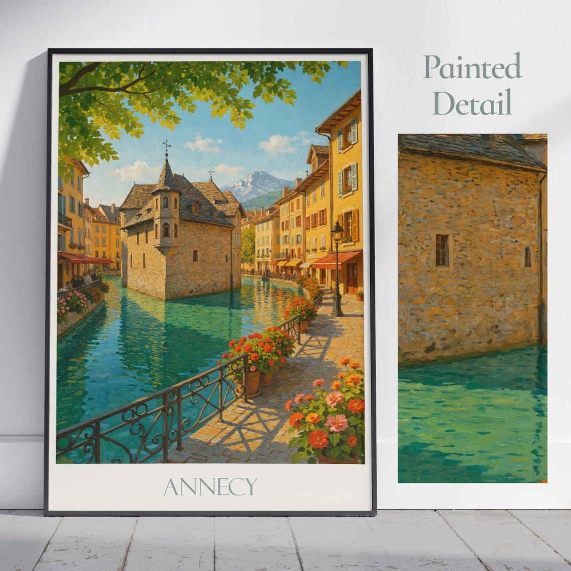 Annecy France Charming Flower Lined Canal Painted Travel Poster