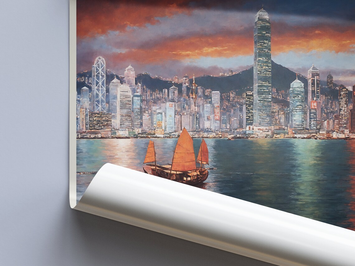 Hong Kong Sunset Harbor Skyline Junk Boat Painted Travel Poster - Image 2