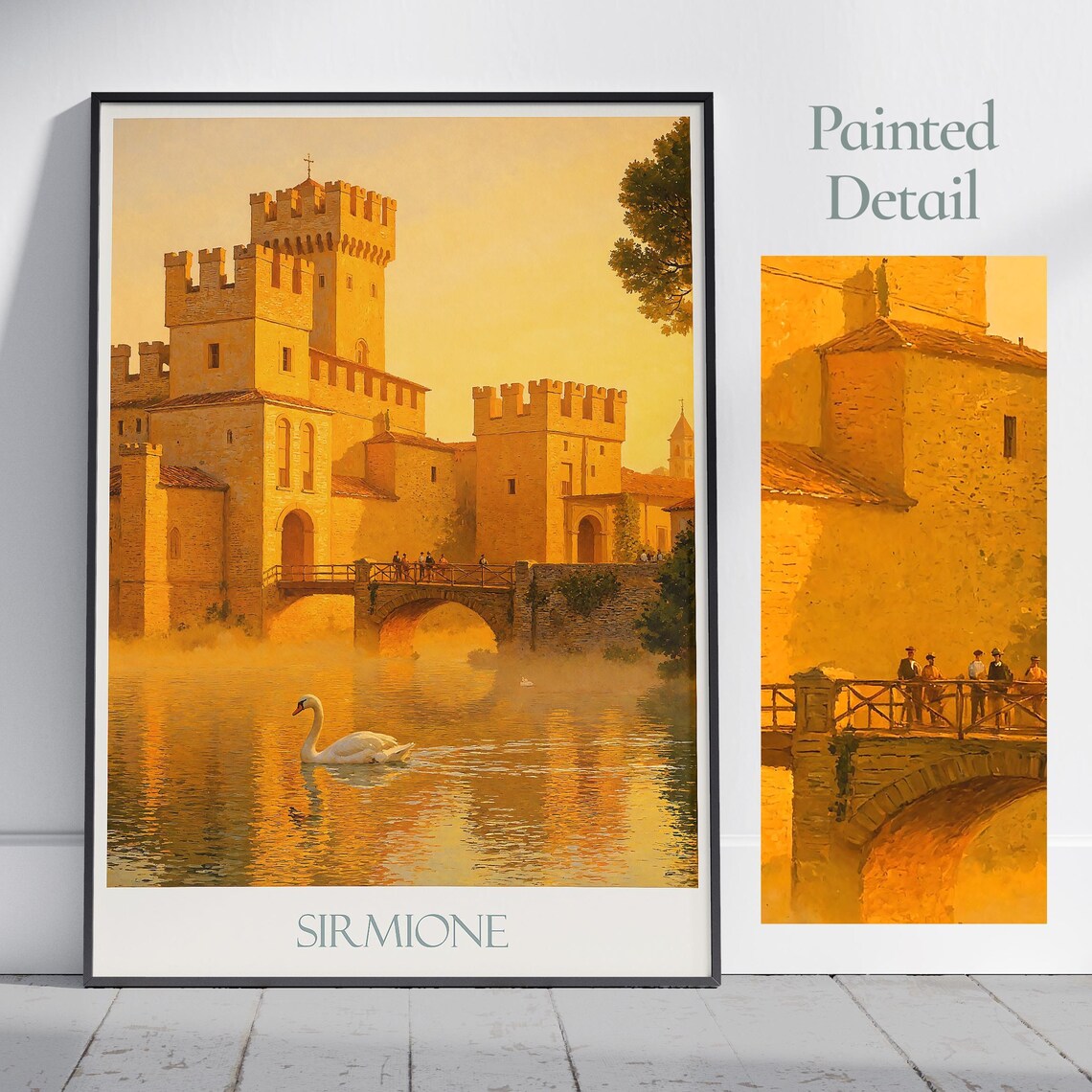 Sirmione Italy Scaliger Castle Swan Lake Golden Hour Travel Poster