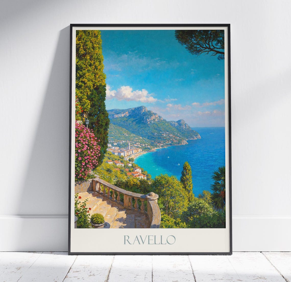 Ravello Italy Amalfi Coast Stone Stairs Sea Overlook Painted Poster