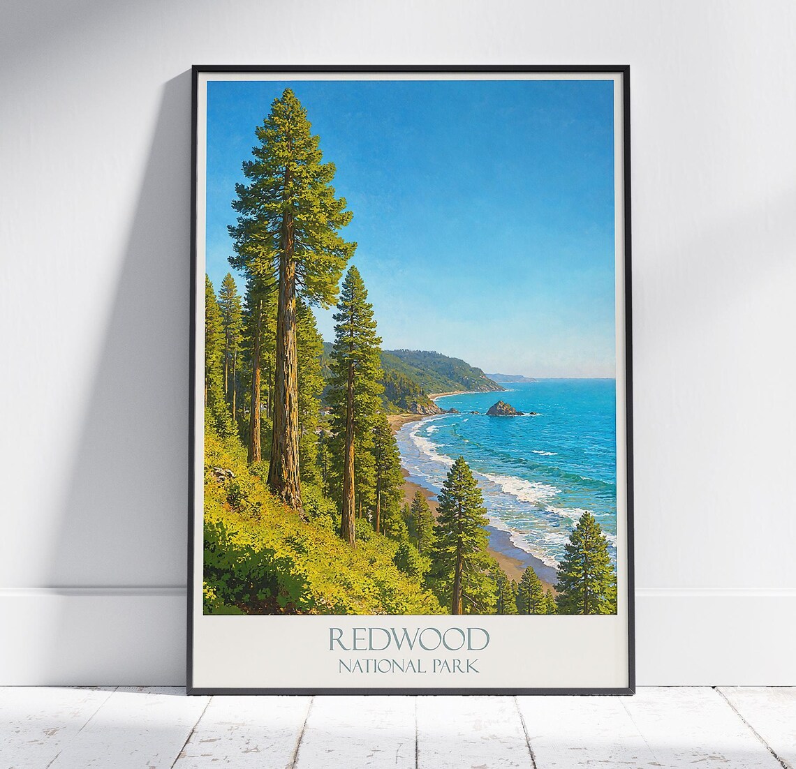 Redwood National Park Coastal Bluffs Beach Waves Vintage Travel Poster