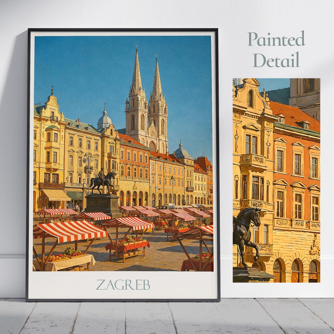 Zagreb Croatia Market Square Painted Old Town Scene Travel Poster