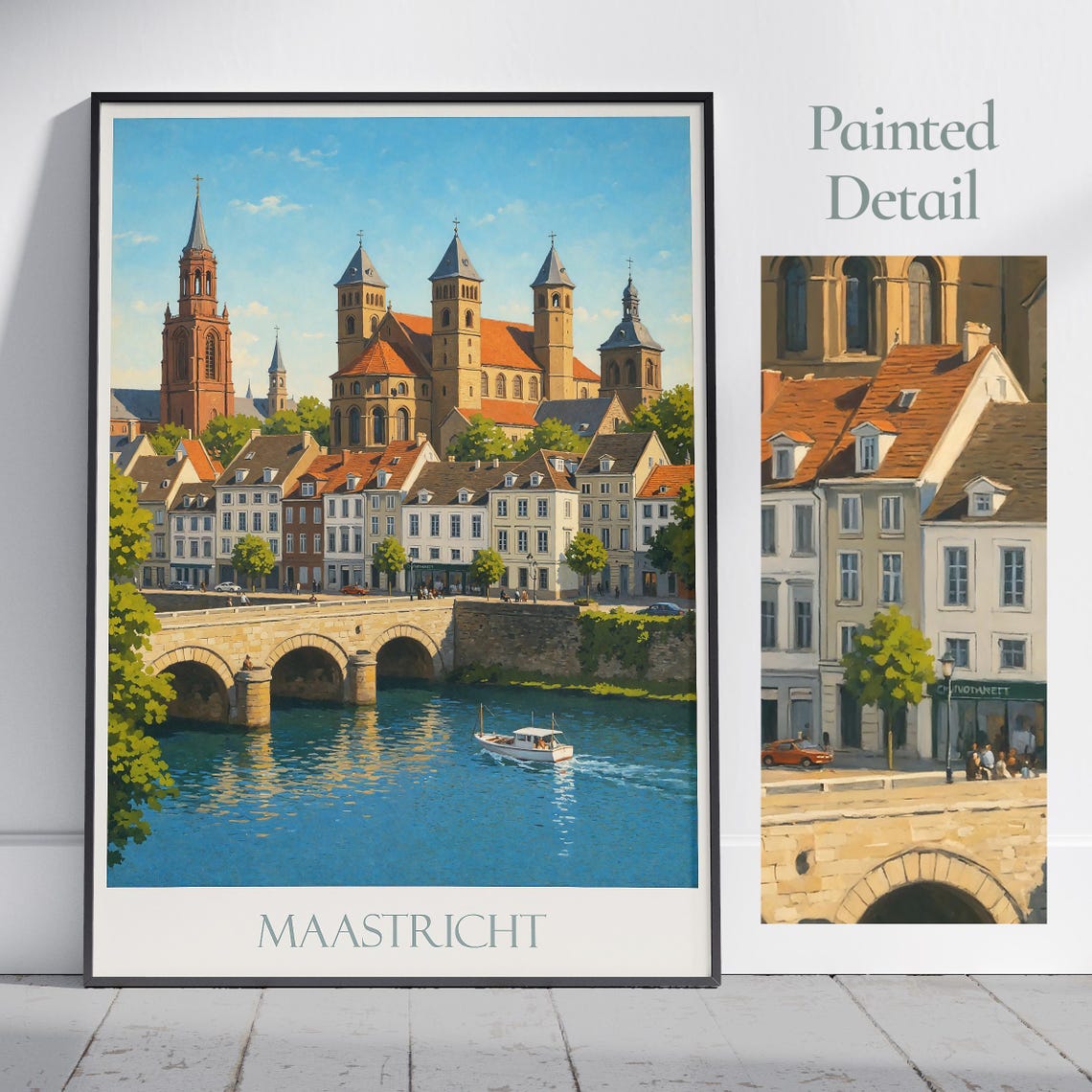 Maastricht Netherlands Painted Poster Historic Churches River Bridge