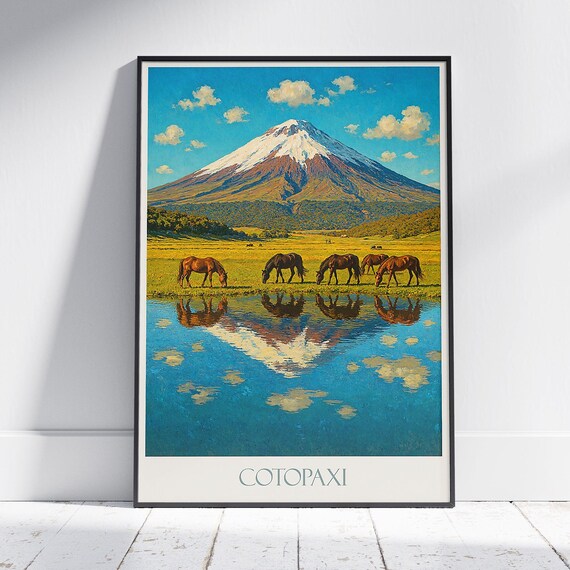 Cotopaxi Travel Poster Ecuador Majestic Volcano Horses Reflection Wall Art Print Rustic Andean Landscape Decor