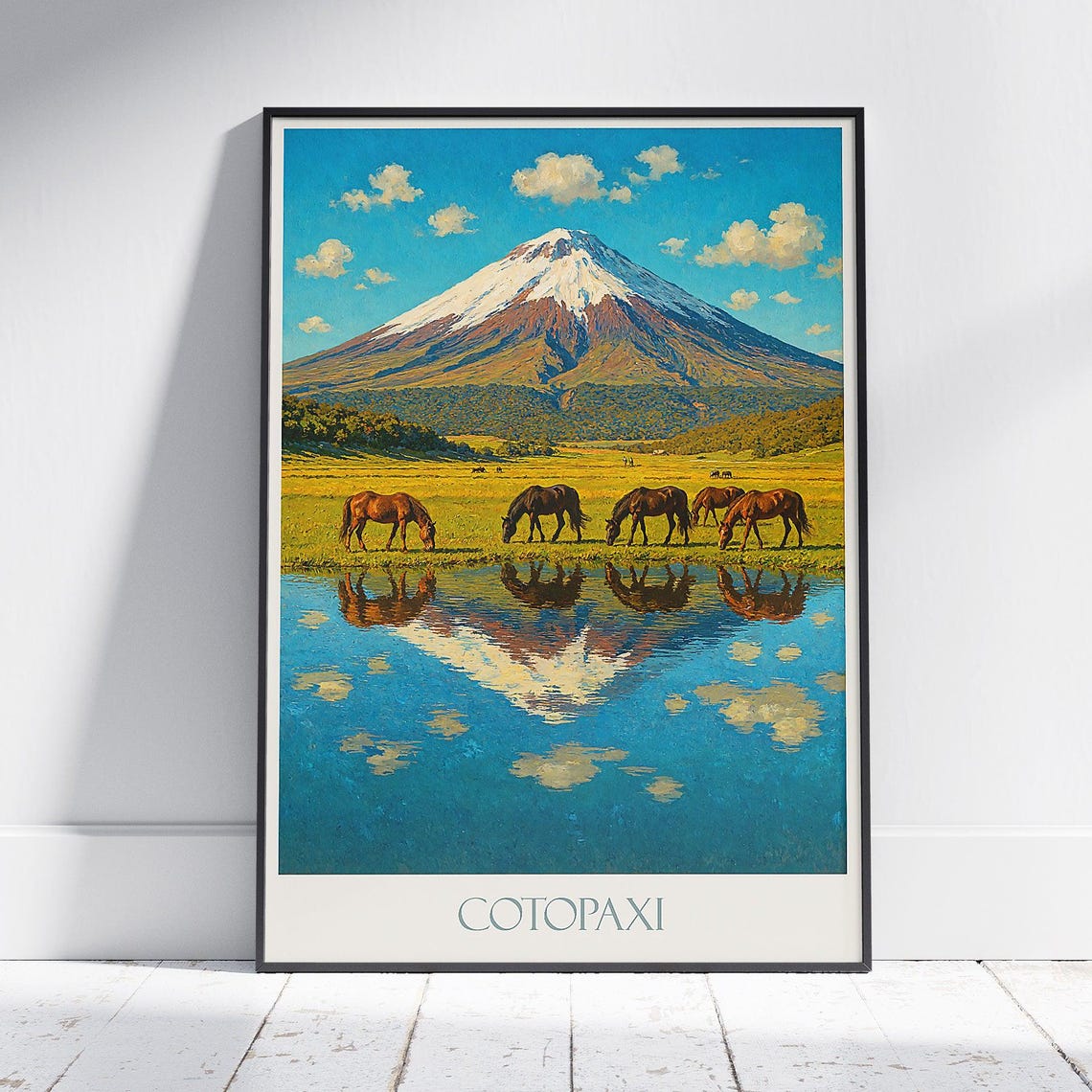 Cotopaxi Ecuador Volcano Horses Lake Reflection Travel Poster