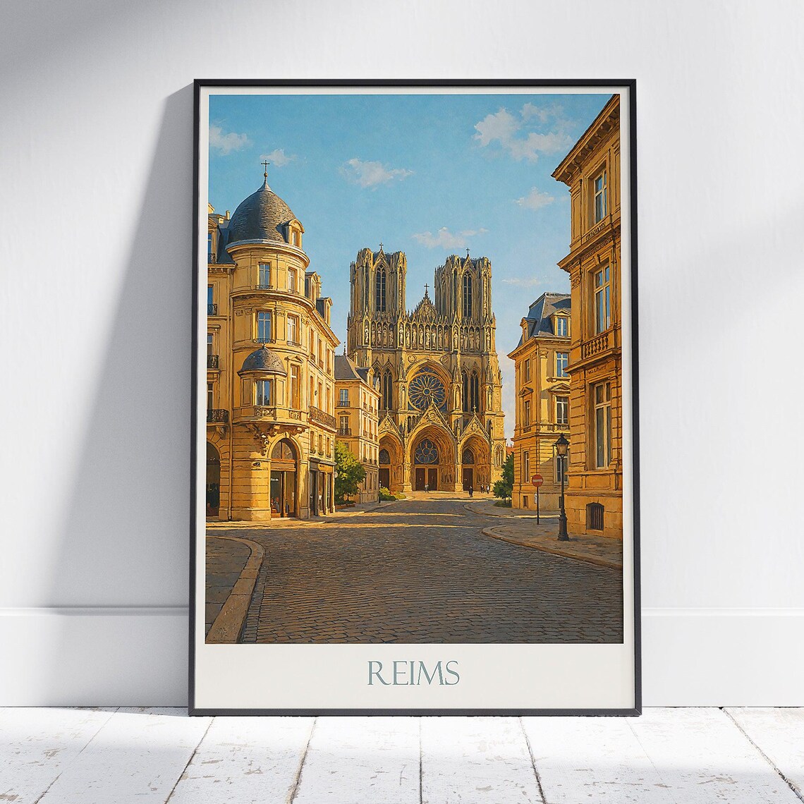 Reims Notre Dame Cathedral On Cobblestone Street Travel Poster