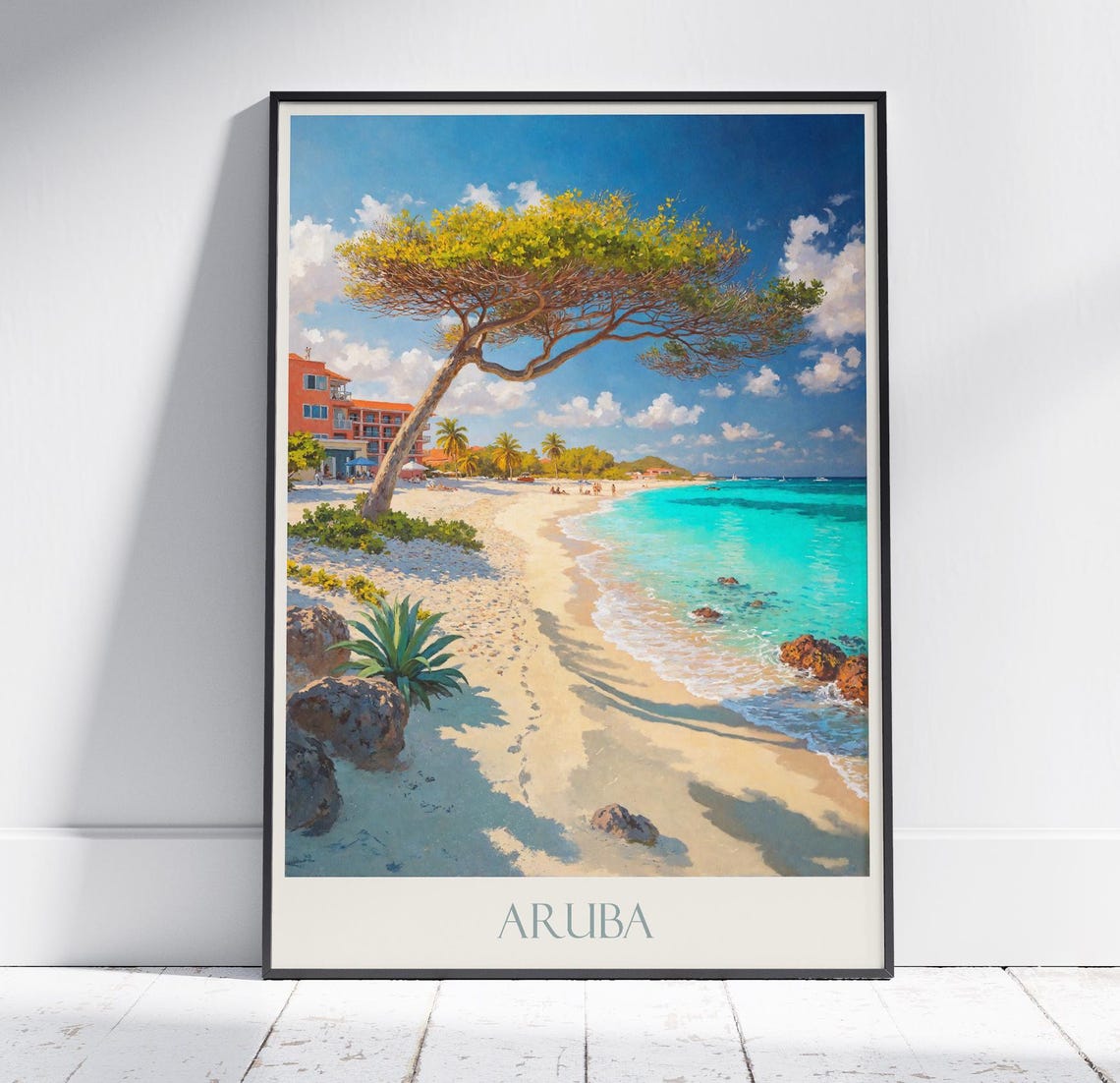 Aruba Beach Travel Poster with Divi-Divi Tree and Turquoise Sea
