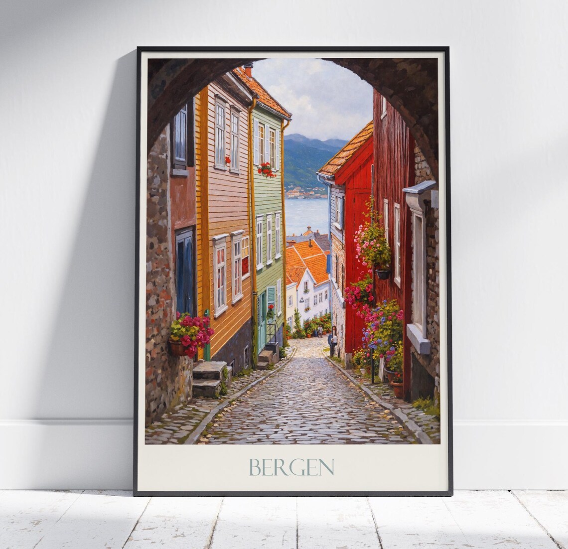 Bergen Norway Cobblestone Street Archway Old Town Travel Poster