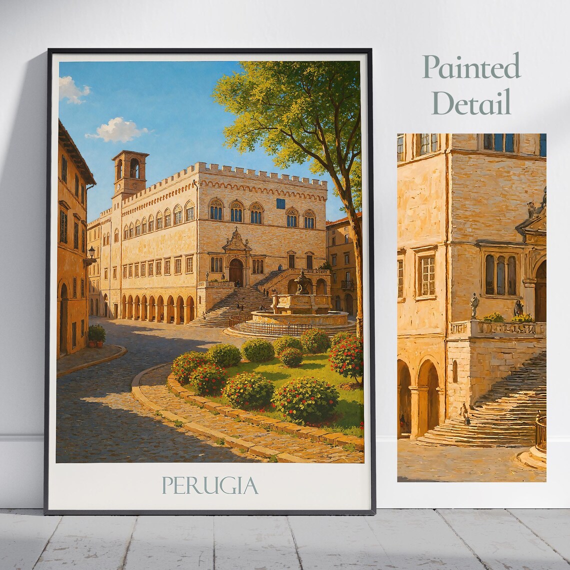 Perugia Italy Travel Poster of Palazzo dei Priori and Fountain